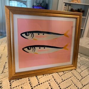 Framed Sardine Art Pink Fish Wall Decor Gold Frame
